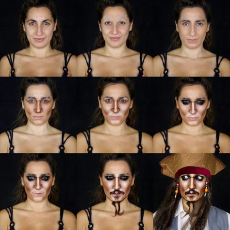 Jack Sparrow Makeup Transformation, step by step.  #jacksparrow #captainjacksparrow #johnnydepp #halloweenmakeups #jacksparrowmakeup Captain Jack Sparrow Makeup, Jack Sparrow Makeup, Jack Sparrow Costume Diy, Jack Sparrow Face Paint, Jack Sparrow Makeup Tutorial, Cursed Pirate Makeup, Women’s Jack Sparrow Costume, Halloween Beard, Face Transformation