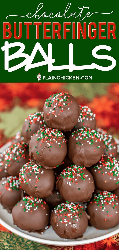 Butterfinger Balls - {Plain Chicken} Candy Balls Recipe, Butterfinger Bites, Schweddy Balls, Butterfinger Balls, Desserts Nutella, Football Friday, Small Cookies, Vegetarian Nachos, Eggless Cookies