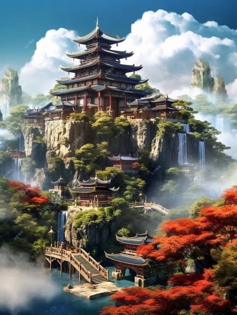 Chinese Kingdom Fantasy Art, Sinegard Academy, Fantasy Chinese City, Chinese Palace Fantasy Art, Chinese Fantasy Art Landscape, Japanese Fantasy Art, Chinese Castle, Chinese Kingdom, Japanese Palace