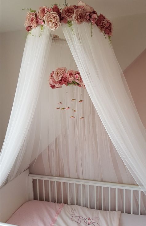 Canopy For Crib, Simple Bed Design Woods, Canopy With Flowers, Simple Bed Design, Flower Canopy, Sweet Dreams Nursery, Baby Crib Canopy, Nursery Canopy, Baby Canopy