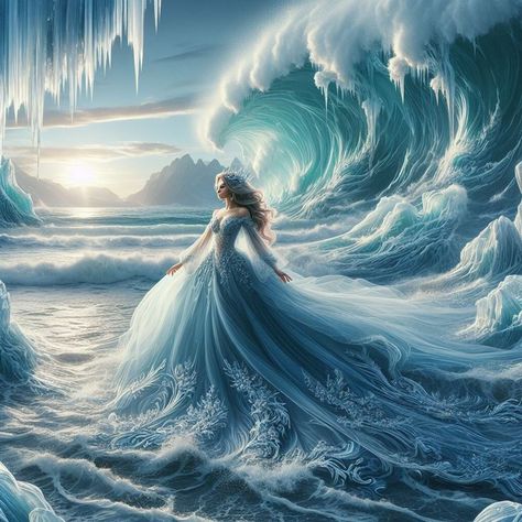 Water Dress Drawing, Ocean Dresses, Disabled Models, Sky Photoshop, Water Goddess, Ocean Dress, Fashion Evolution, Goddess Aesthetic, Wave Illustration