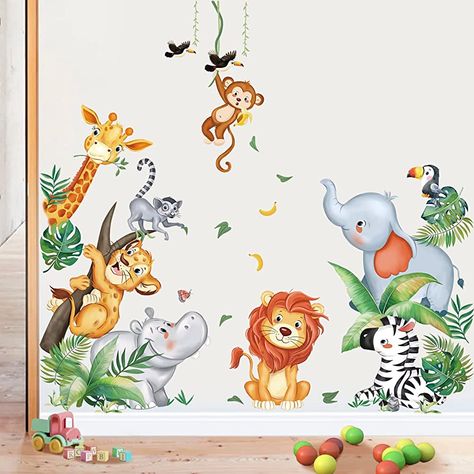 Jungle Wall Stickers Nursery Room, Baby Nursery Murals, Safari Baby Room, Jungle Nursery Art, Baby Room Wall Stickers, Room Murals, Nursery Elephant, Nursery Door, Clinic Interior