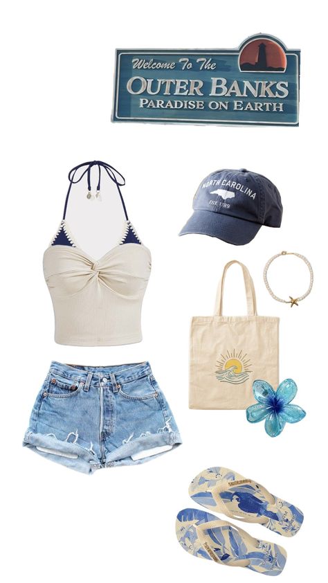 #outerbanks #obx #outfit #sarahcameron Outfit Ideas Outer Banks, Outfits To Wear In Costa Rica, Fancy Beachy Outfits, North Carolina Summer Outfits, Beachy Core Outfits, Outer Banks Outfits Kook, Summer Collage Outfit, Cute Outfits For Cruise, Summer Outfits Not Revealing