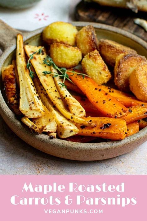 Roasting Carrots, Roast Dinner Recipes, Carrots And Parsnips, Maple Roasted Carrots, Roasted Carrots And Parsnips, Vegan Roast Dinner, Vegan Christmas Dinner, Roasted Parsnips, Honey Roasted Carrots