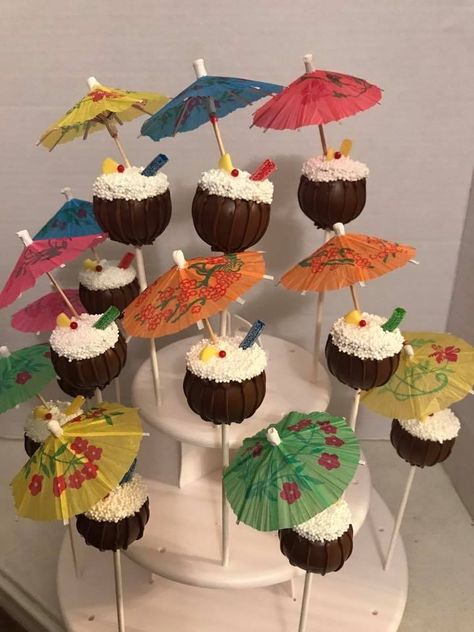 Hawaiian themed cake pops Hawaiian Cake Pops, Luau Cake Pops, Hawaiian Themed Cake, Cake Pops Ideas, Hawaiian Theme Cakes, Tiki Cake, Hawaii Cake, Tropical Cupcakes, Themed Cake Pops