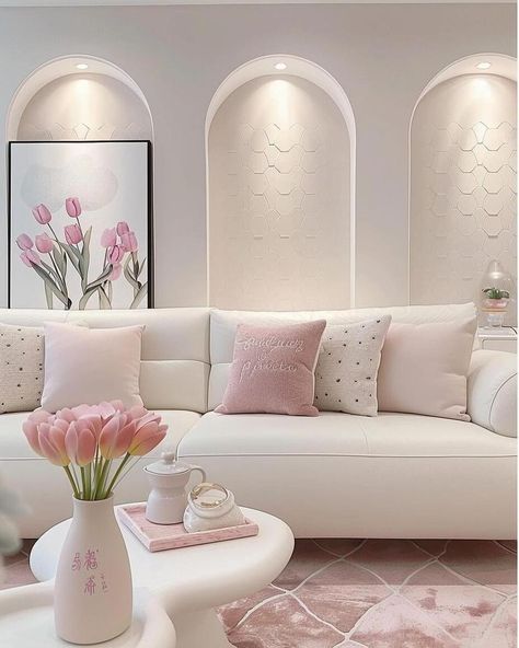 Pink House Decor Living Room, Pink House Decor, House Decor Living Room, Bright Living Room Decor, Aesthetic Rosa, Houses Bloxburg, Small House Interior, Pink Bedroom Decor, Hall Interior Design