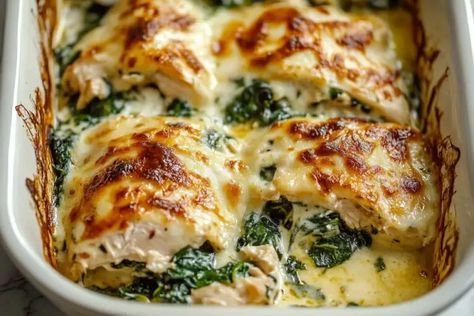 Chicken and Spinach Casserole with Cream Cheese - Delicious Recipes - Easy Cooking Ideas and Tasty Dishes Chicken And Spinach Casserole Recipes, Creamy Spinach Chicken Bake, Chicken With Cream Cheese And Spinach, Chicken Spinach Cream Cheese Crock Pot, Chicken Spinach Artichoke Recipes, Baked Spinach Casserole, Spinach And Cream Cheese Stuffed Chicken, Spinach And Cream Cheese Recipes, Cream Cheese Casserole Recipes