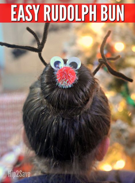 Embellish a simple hair bun into the cutest Rudolph the Reindeer hairstyle for Christmas using simple craft supplies. Reindeer Hair Bun, Rudolph Christmas, Christmas Sweater Party, Crazy Hair Day, Au Pair, Christmas Hairstyles, Ugly Sweater Party, Navidad Diy, Holly Jolly Christmas