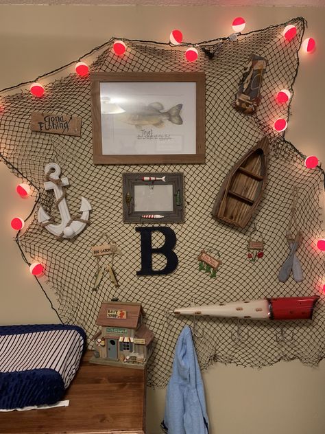 Fisherman Room Ideas, Fishing Theme Bedroom Boys, Fishing Cabin Bedroom, Fishing Theme Room, Fish Theme Room, Fish Theme Bedroom, Fishing Nursery Ideas, Baby Boy Nursery Themes Fishing, Kids Fishing Room