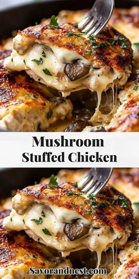 Garlic Butter Mushroom Stuffed Chicken with Creamy Parmesan Sauce Garlic Butter Mushroom Stuffed Chicken, Mushroom Stuffed Chicken, Mushroom Stuffed, Creamy Parmesan Sauce, Creamy Parmesan, Parmesan Sauce, Chicken Dish, Gooey Cheese, Mushroom Chicken