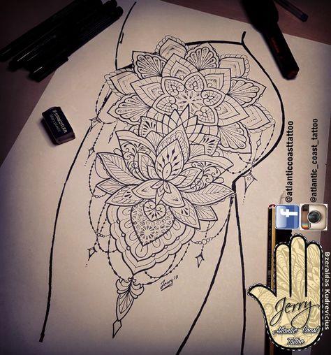 Beautiful tattoo idea design for a thigh. Mandala lotus lace tattoo design with pretty patterns by dzeraldas jerry kudrevicius from Atlantic Coast tattoo. Thigh tattoo. Pretty tattoo. Ornamental mandala style design with pretty patterns. Mandala Thigh Tattoo, Lotus Mandala Tattoo, Lace Tattoo Design, Thigh Tat, Mandala Lotus, Tattoo Thigh, Tattoo Trend, Tattoo Henna, Skeleton Hand Tattoo