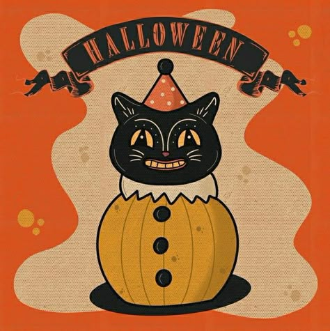 Vintage Halloween Decor Ideas, Spooky Logo, Vintage Black Cat Halloween, 50s Halloween, Vintage Halloween Cat, Tis Autumn, Treat Cones, Halloween Pumpkin Crafts, Vintage Halloween Cards