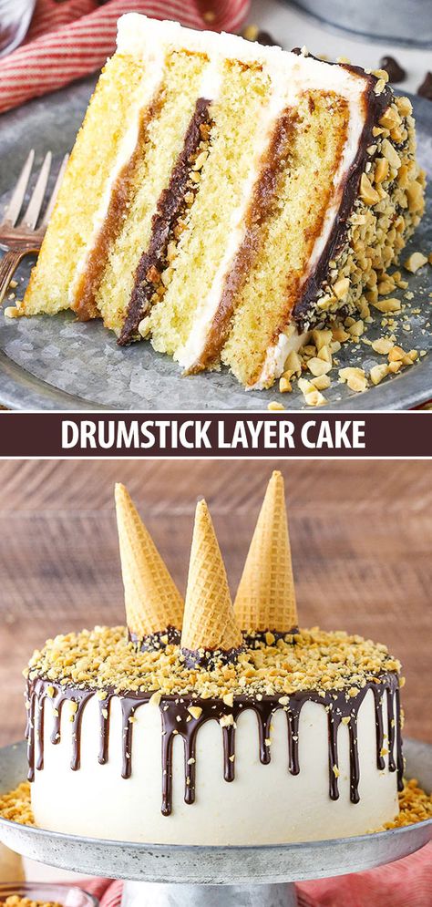 Drumstick Cake, Drumstick Ice Cream, Tasty Cake, Moist Vanilla Cake, Chocolate Ganache Filling, Chocolate Drip Cake, Food Cookies, Caramel Buttercream, Cake Vanilla