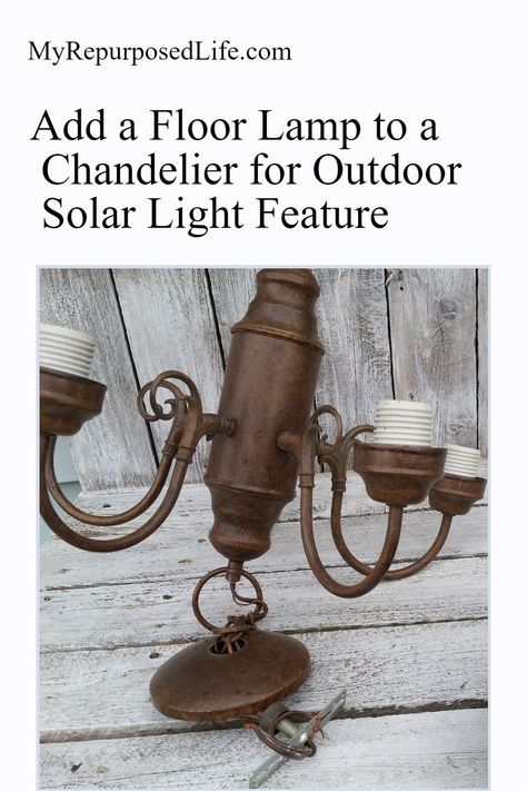 How to make a floor lamp solar chandelier using bits and pieces of an old lamp and chandelier. Great for the garden or patio. So many options. #MyRepurposedLife #repurposed #floorlamp #chandelier #solar #lightfeature via @repurposedlife Chandelier Pieces Repurposed, Old Chandelier Ideas Repurposed, Old Lamps Into Solar Lights, Upcycle Chandelier Outdoor, Repourposed Lamps, Solar Light Chandelier, Repurpse Lamp Bases, Lamp Planters, Backyard Plans