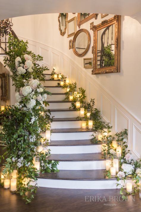 Double Staircase Wedding Decor, Stair Railing Decorations Wedding, Banister Decor Wedding, Banister Wedding Decorations Railings, Staircase Flowers Wedding Banisters, Stair Railings, Black Iris, Wedding Lights, Entryway Decor