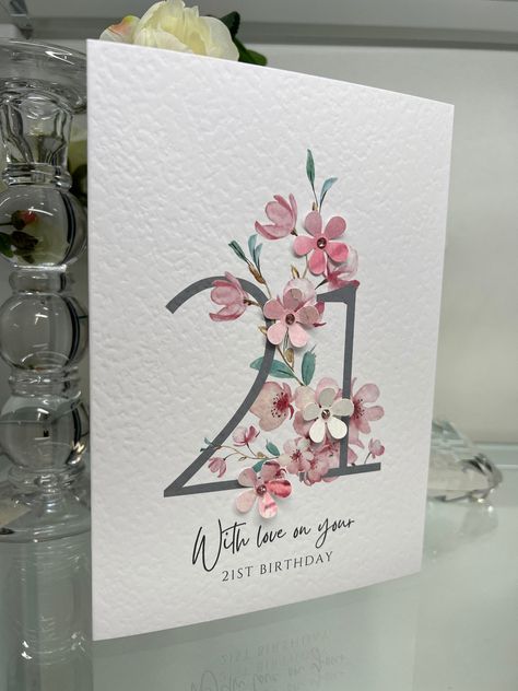 This beautiful handmade card is A5 and printed on 300gsm hammered card. It is designed and decorated by myself or one of a small team of helpers, in a little workshop, in the busy market town of Hessle, located in the East Riding of Yorkshire. Thank you for taking the time to look  Bev 25th Birthday Cards For Her, 21st Cards Handmade, Stampin Up 21st Birthday Cards Female, 21st Birthday Cards Female Handmade, 21st Birthday Card Ideas, Diy 21st Birthday Cards, 21st Birthday Card, Happy 21st Birthday Cards, 21 Cards