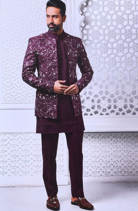 Indowestern Outfits For Couple, Wine Indowestern Men, Men’s Indo Western Outfit, Mens Party Wear Indian, Mens Sangeet Outfit, Sangeet Outfit For Men Indian Groom, Men Kurta Designs Style 2024, Indowestern Outfits Wedding, Stylish Kurta For Men