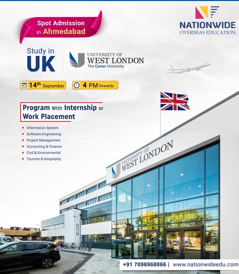 Spot Admission For Study In UK  University of West London  Date: 14th Sep 2019 Time: 4 PM onwards  Program with Internship or Work Placement  ☛ Information System  ☛ Software Engineering ☛ Project Management ☛ Accounting & Finance ☛ Civil & Environmental ☛ Tourism & Hospitality  For More info: 📞 +91-7096968866 | 🌐 www.nationwideedu.com  #Nationwide #SpotAdmission #UniversityOfWestLondon #StudyinUK #Ahmedabad University Of West London, Management Accounting, Uk University, Study In Uk, Online Bookkeeping, System Software, Uk Universities, Engineering Projects, Overseas Education