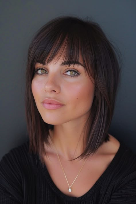 Bob Haircut With Bangs Fine Hair, Dark Lob With Bangs, Medium Length Bangs Fringes, Medium Hair Cuts For Women With Bangs, Thin Hair With Bangs, Medium Length Hairstyles With Bangs, Straight Lob, Lob Haircut With Bangs, Bang Styles