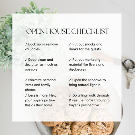 Fun Open House Ideas Real Estate, Open House Refreshments, Real Estate Open House Food Ideas, Open House Snacks, Open House Checklist, Nosey Neighbors, Hosting Thanksgiving Dinner, House Checklist, Hosting Thanksgiving