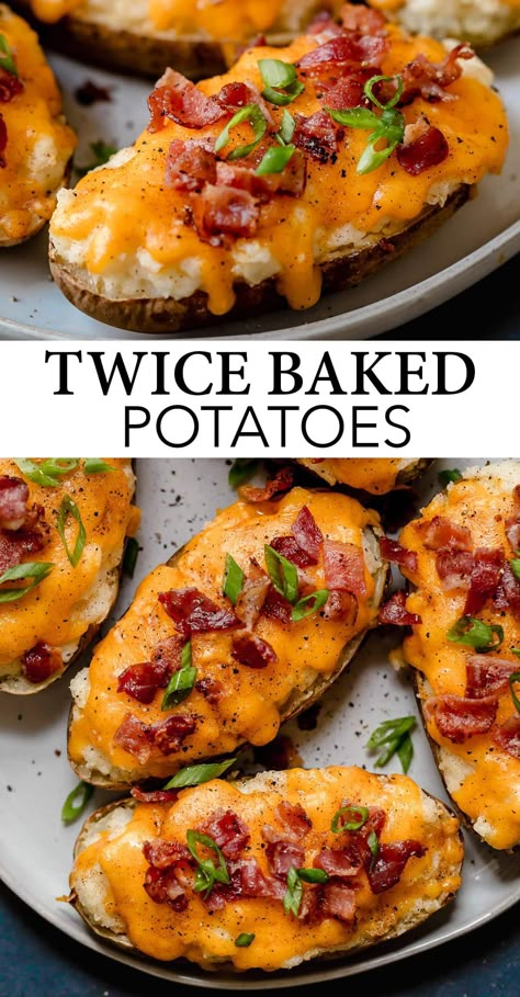 Twice Baked Potatoes - these are one of the ultimate side dish recipes! They're seriously comforting, extra cheesy, deliciously creamy, mashed potato loaded, hearty stuffed potato skins and they never disappoint! A family favorite recipe! Potato Loaded, Stuffed Potato Skins, Side Dishes For Ribs, بطاطس مهروسة, Side Dishes For Salmon, Burger Side Dishes, Stuffed Potato, Steak Side Dishes, Side Dishes For Chicken