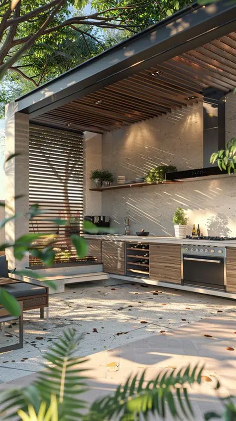 Outside Bbq Area Ideas, Bbq Area Ideas Outdoor, Patio Bbq Area, Verandah Ideas, Kitchen Designs Ideas, Bbq Areas, Parrilla Exterior, Backyard Escape, Outdoor Grill Area