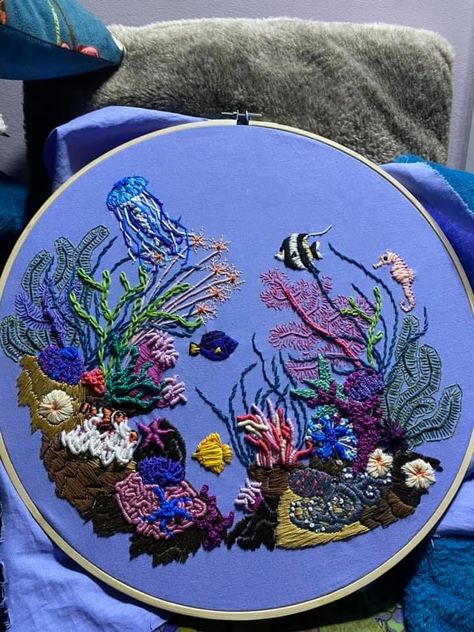 Under Water Embroidery, Nudibranch Embroidery, Under The Sea Embroidery Ideas, Sea Inspired Embroidery, Marine Life Embroidery, Aquarium Embroidery, Sealife Embroidery, Manatee Embroidery, Ocean Embroidery Patterns