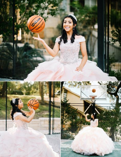 Quince Mini Me, Basketball Quinceanera Ideas, Softball Sweet 16 Pictures, Volleyball Quinceanera Pictures, Quinceanera Photoshoot Ideas Fun, 15 Photoshoot Ideas With Balloons, Nba Wife Aesthetic, Quinceanera Party Photography, Quinceanera Photoshoot Ideas Butterfly