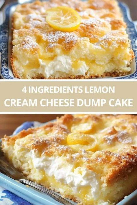 Lemon Cream Cheese Dump Cake, Dump Desserts, Cream Cheese Dump Cake, Granny Pad, Lemon Dump Cake Recipe, Lemon Pie Filling, Lemon Cheese, Cake Lemon, 4 Ingredient Recipes