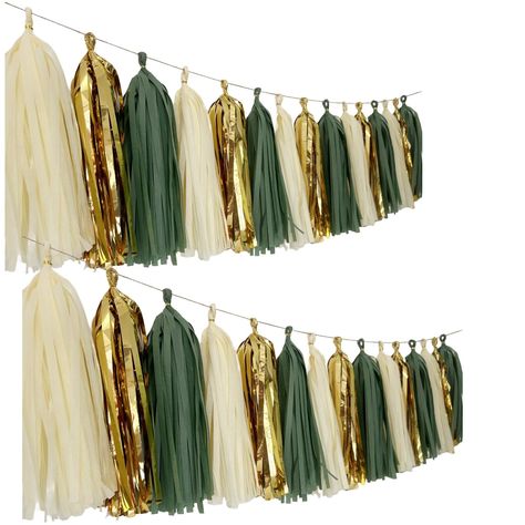 PRICES MAY VARY. EASY TO DIY:All tassels haven't assembled to ensure the tassels is new when you get it and you can DIY personally. EASY ASSEMBLY REQUIRED - Simply follow our instruction guide on how to assemble the tassels. Once you get the hang of assembling them, they assemble pretty quickly! Quantity: 20 tassels,one color 5 sheets,34cm long for each tissue tassles.It come with 20 tassels , a piece of jute twine and instruction. Colors:white,ivory,teal green and gold mylar Occasion: new arriv Succulent Theme Party Decor, Olive Green And Gold Party Decor, Emerald Green And Gold Graduation Party, Green Gold And Brown Party Decor, Plant Birthday Party Decorations, Nature Decorations Party, Green And Gold Birthday Theme, Birthday Brunch Party Decorations Color Schemes, Gold And Green Graduation Party