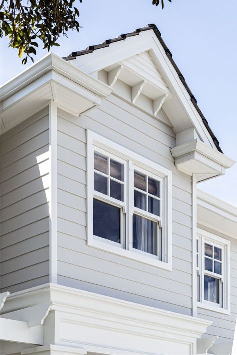 This lovely double-storey residence has a beautiful Hamptons-style exterior, with classic timber weatherboards, crisp white double-hung windows and stunning stonework.

The project was designed by Matt Harvey Design and built by Create Homes, and features customised solid timber doors and windows by Cedar West. 

If you are looking for a custom joinery solution for your next project, contact us today to find out how we can assist. Hampton Garage Door, Hamptons Style Cottage Exterior, White Timber House Exterior, Coastal Grey Exterior House Colors, Australian Hamptons Style Exterior, Sash Windows Exterior, Modern Weatherboard House Exterior, White Window Frames Exterior, Queenslander Windows