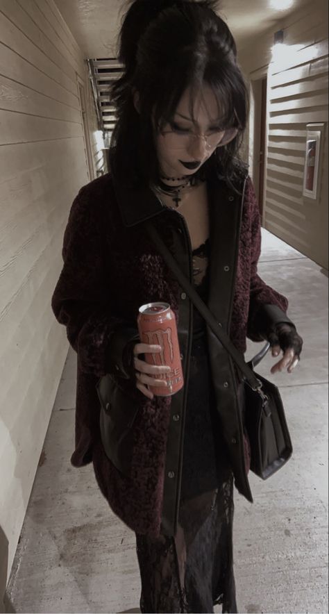 Goth Cozy Outfit, Goth Trousers Outfit, Rainy Goth Outfit, Nerdy Goth Aesthetic, Dark Goth Outfit, Goth Outfit Ideas Winter, Vamp Goth Aesthetic, Oversized Goth Outfits, Fall Goth Aesthetic