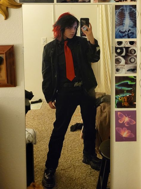 Analog Horror Aesthetic Outfit, My Chemical Romance Aesthetic Outfits, Masc Vampire Outfits, Emo Prom Suit, Alt Prom Outfits, Alt Christmas Outfits, Red Emo Aesthetic, Masc Prom Outfit, Alt Formal Outfits