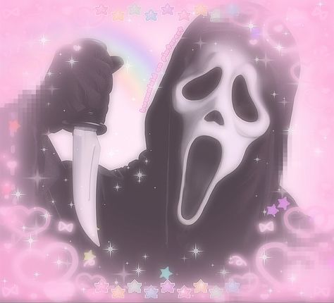 Aesthetic Scream, Ghostface Wallpaper Aesthetic, Ghostface Wallpaper, Ghost Face Mask, Scream Mask, Hello Kitty Pfp, Kitty Pfp, Pink Ghost, Ghost Face