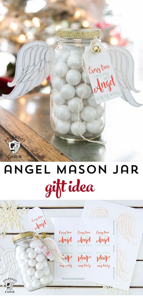 Cute Angel Christmas Mason Jar Gift Ideas and printable Christmas tags and angel wings on http://polkadotchair.com Holiday Mason Jar, Mason Jar Christmas Crafts, Dollar Store Christmas Decor, Mason Jar Christmas Gifts, Creative Juice, Christmas Tags Printable, Dollar Store Christmas, Christmas Mason Jars, Mason Jar Crafts Diy