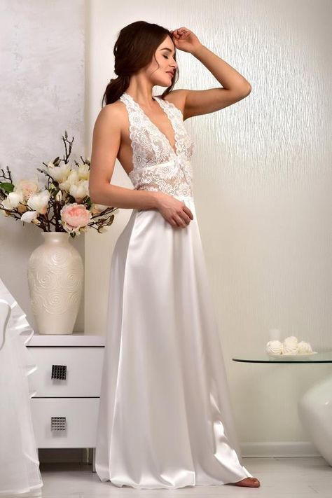 Ivory honeymoon lingerie Wedding long nightgown Bridal satin lace nightgown Sexy open back peignoir Night Dress For Women Honeymoon, Bridal Nightgown, Wedding Night Lingerie, Lace Bridal Robe, Bridal Kimono, Long Nightgown, Honeymoon Lingerie, Wedding Kimono, Lace Nightgown