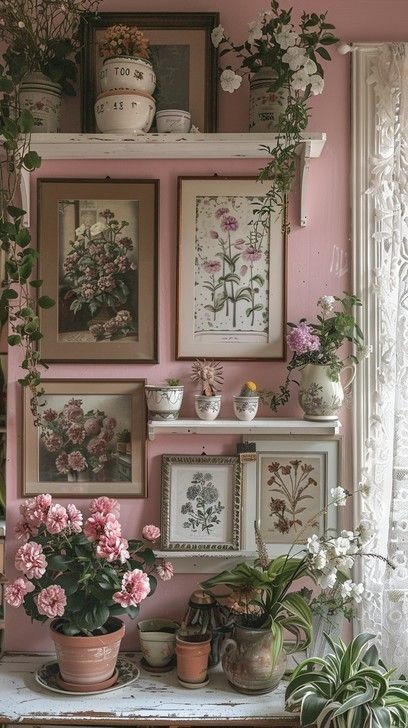 Cottage Core Bedroom Wall Decor, Vintage Floral Room Aesthetic, Room With Plants Aesthetic, Flower Room Aesthetic, Flowers In Bedroom, Floral Room, Cozy Room Decor, Barbie Dream House, Dream Room Inspiration