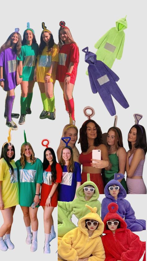 Teletubbies Teletubbies Halloween Costume, Black Hair Halloween Costumes, Halloween Rave Outfits, Rave Halloween Costumes, Halloween Costumes Women Scary, Teletubbies Costume, Trio Halloween Costume Ideas, Trio Halloween Costume, Trio Costumes