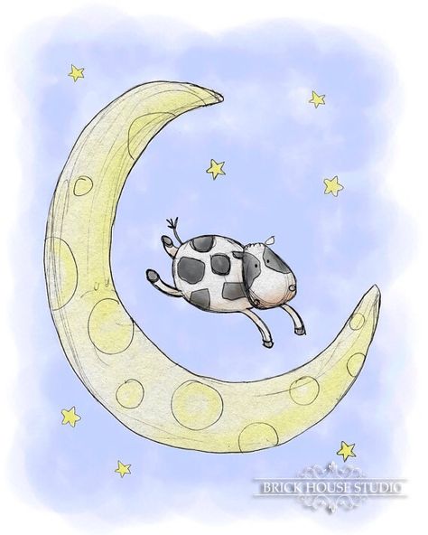 Cows Illustration, Cow Over The Moon, Cow Jumping Over The Moon, Cow And Moon, Cow Jumping, Nursery Rhyme Art, Cow Jumped Over The Moon, Cow Nursery, Cow Logo