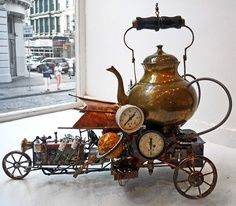 tea kettle bike Teapot Sculpture, Punk Artwork, Brass Teapot, Steampunk Vehicle, Steampunk Gadgets, Steampunk Festival, Exhibition Art, Neo Victorian, Antique Signs