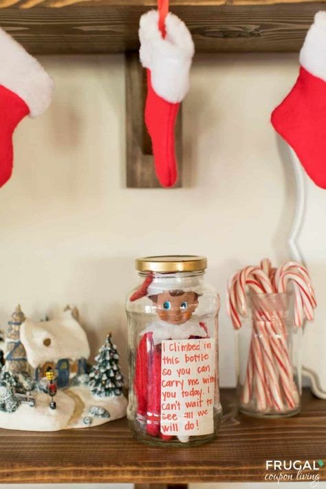 Gifts Elf On The Shelf Can Bring, Good Deed Elf On The Shelf Ideas, Elf On The Shelf In Jar To Carry, Elf On The Shelf Mason Jar, Elf On A Shelf In A Jar, Elf In Jar To Carry Around, Elf On The Shelf Travel Jar Ideas, Take Me With You Elf On The Shelf, Travel With Elf On The Shelf