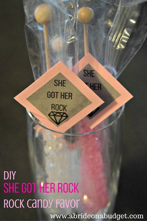 Want a tasty (and easy) bridal shower or engagement party favor? Make our DIY "She Got Her Rock" Rock Candy Favor from www.abrideonabudget.com. Even better, there's a free printable for the tags in the post too! Engagement Party Planning, Favors Ideas, Engagement Party Favors, Bridal Bachelorette Party, Rock Rock, Wedding Favors Cheap, Candy Favors, Favors Diy, Diy Wedding Favors