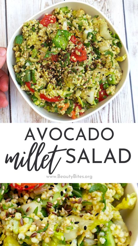 Avocado millet salad - easy and healthy salad recipe that is fresh, quick to make and delicious! This millet recipe is great for a cold lunch or a side dish, perfect summer salad! Millet Salad Recipes, Healthy Millet Recipes, Millet Recipes Dinner, Recipes With Millet, Millet Dishes, Millet Recipes Breakfast, Millet Salad, Millets Recipes, Millet Recipe