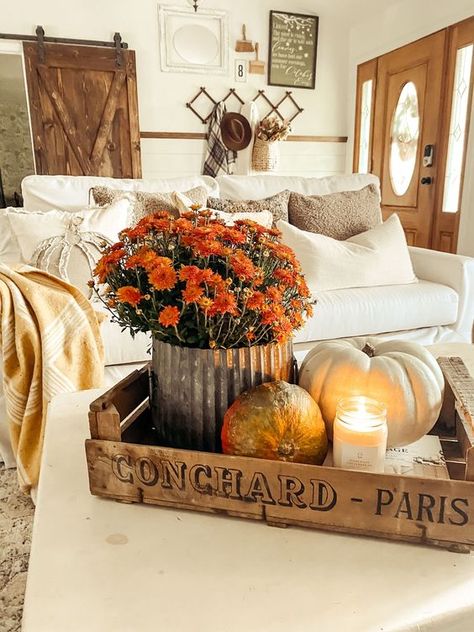 15 Cozy Fall Living Room Decor Trends for 2024 - Nikki's Plate Fall Tool Box Decor, Fall Hutch Decor, Fall Cottage Decor, Cottage Fall Decor, Greenery Home Decor, Fall Blankets, Cozy Fall Living Room, Fall Decor Pumpkins, Fall Porches