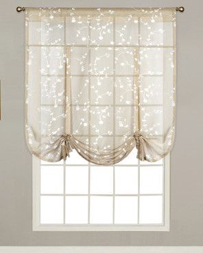 Savannah is an elegant semi sheer tie-up shade by United that features exquisite cotton embroidered floral vines throughout bringing the look of spring to any room. This adjustable tie-up shade has two sewn-in straps for you easily set it up to your desired length! Features: -Available in Oyster, Sea Blue, Taupe and Black -100% Polyester -Machine washable -Coordinating Kitchen Curtains, Panels and Valances are available ( sold separately). *This item ships from one of our warehouse locations. Sh Tie Up Valance, Tie Up Curtains, Tie Up Shades, Balloon Shades, Balloon Curtains, Kitchens Cabinets, Lace Curtain, Custom Drapes, Curtain Texture