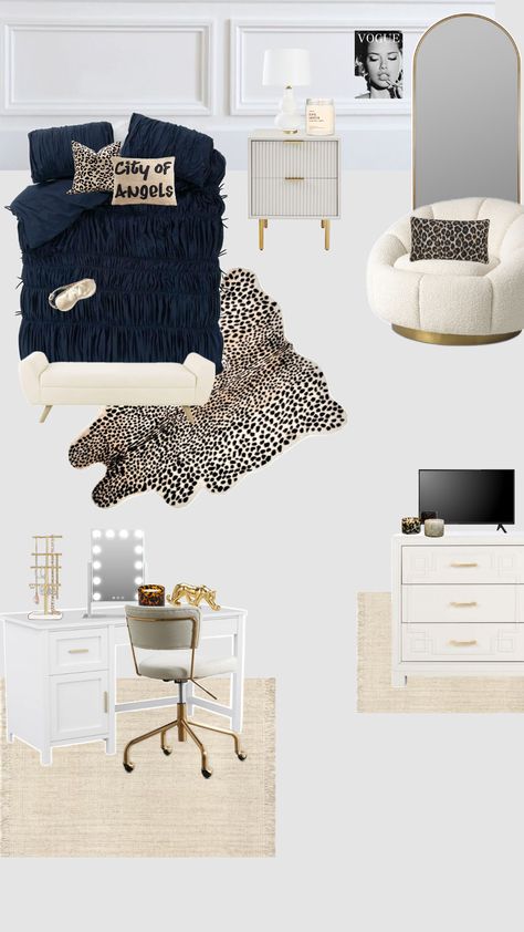 #dormroominspo #roomdecor #cheetah #navyandgold #lifewitholivia Navy And Leopard Bedroom, Blue And Cheetah Bedroom, Cheetah Room, Redoing Room, Leopard Bedroom, 2024 Bedroom, Trendy Room, Luxury Room Bedroom, College Dorm Room Decor