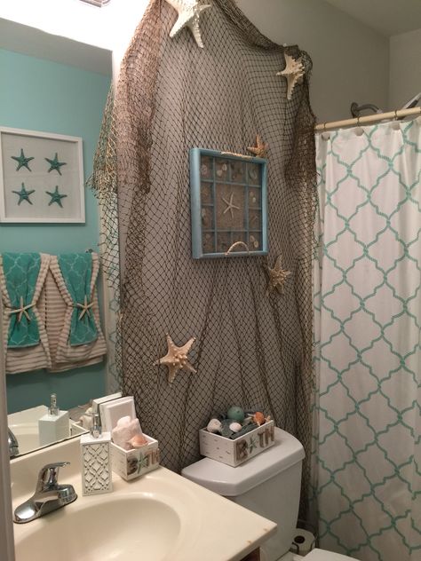 My version of nautical theme bathroom. Beach theme bathroom. Seashell Theme Bathroom, Seascape Bathroom Ideas, Blue Themed Bathroom, Bathroom Ocean Theme, Beach Theme Bathroom Ideas, Bathroom Beach Decor Ideas, Bathroom Theme Ideas, Bathroom Beach Theme, Nautical Theme Bathroom