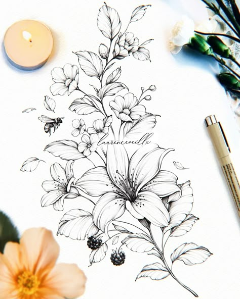 Bee Floral Tattoo, Floral Tattoo Drawing, Botanisches Tattoo, Flor Tattoo, Lilies Drawing, Tattoo Zeichnungen, Meaningful Tattoos For Women, Drawing Stencils, Tattoo Ideas For Women