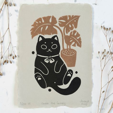 Spooky-cute linocut print in black and copper Cute Linocut, Cat Linocut, Cat Stamp, Lino Art, Handmade Stamps, Linocut Art, Ink Stain, Handmade Artwork, Lino Print