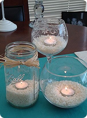 clear glasses/jars, white rice, and tea lights--easy summer centerpiece (I also think it would look cool with dyed rice as well~Julia) Summer Centerpieces, Dining Room Centerpiece, Jar Centerpieces, Summer Candles, Clear Glasses, Buy Home, Mason Jar Crafts, Jar Crafts, White Rice